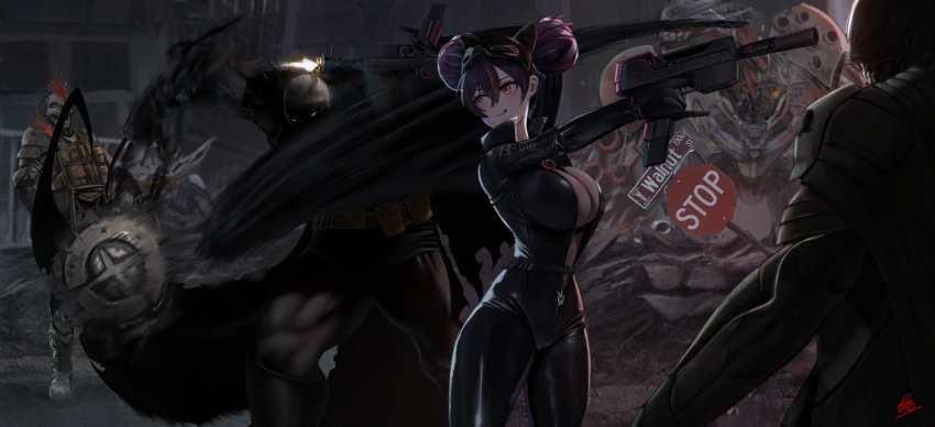 absolute_batman armor bao_(pixiv_99415611) batman batman_(series) black_bodysuit black_hair black_mask_(batman) bodysuit breasts cape cleavage commentary dc_comics double_bun english_commentary goddess_of_victory:_nikke gun hair_bun highres holding holding_gun holding_weapon large_breasts mask mask_on_head mecha motion_blur outdoors punching road_sign robot shield sign skull_mask standing stop_sign weapon yellow_eyes