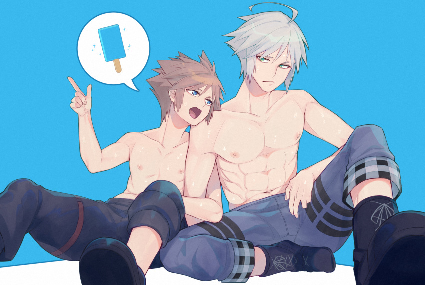 2boys :/ arm_on_knee arm_up black_footwear black_pants blue_background blue_eyes boots brown_hair closed_mouth collarbone commentary_request cross-laced_footwear food green_eyes grey_hair highres image_in_speech_bubble index_finger_raised kingdom_hearts kingdom_hearts_iii locked_arms looking_at_another looking_to_the_side male_focus matsu_zatsu multiple_boys nipples open_mouth pants pectorals plaid_clothes popsicle riku_(kingdom_hearts) shiny_skin shoelaces short_hair sideways_glance sitting sora_(kingdom_hearts) speech_bubble topless_male