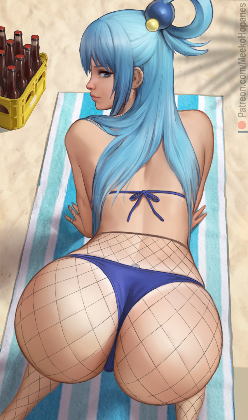 absurdres all_fours aqua_(konosuba) ass beach beach_mat beer_bottle beer_crate bikini blue_bikini blue_eyes blue_hair blue_nails closed_mouth ear_piercing earrings feet_out_of_frame female fingernails fishnet_pantyhose fishnets hair_ornament high-waist_pantyhose highres jewelry kono_subarashii_sekai_ni_shukufuku_wo! long_fingernails long_hair looking_at_viewer looking_back meekohopanes multiple_rings nail_polish outdoors pantyhose patreon_logo patreon_username piercing profile ring sand single_hair_ring solo stud_earrings swimsuit thong_bikini very_long_hair web_address