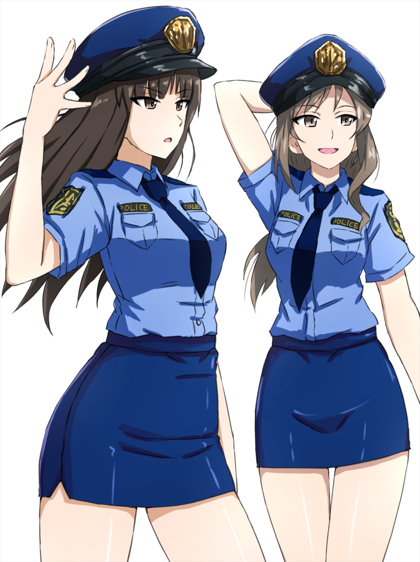 2girls arms_behind_head black_eyes black_hair blue_hat blue_shirt blue_skirt brown_eyes brown_hair collared_shirt dress_shirt girls_und_panzer hat highres long_hair looking_to_the_side mature_female miniskirt multiple_girls nishizumi_shiho omachi_(slabco) open_mouth pencil_skirt police police_hat police_uniform policewoman shimada_chiyo shirt short_sleeves simple_background skirt smile standing straight_hair white_background wind