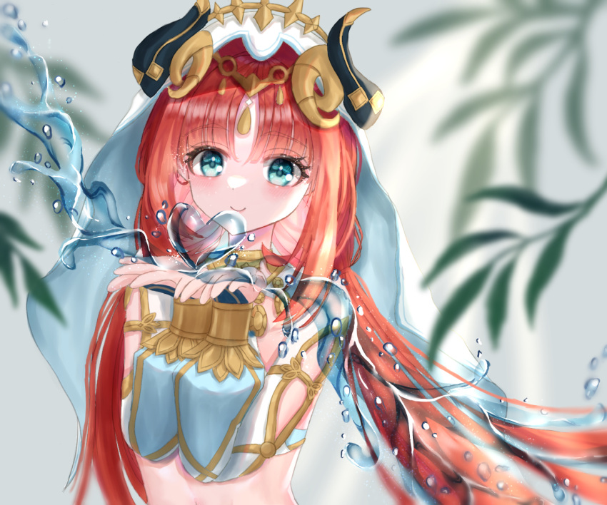 aqua_eyes blush circlet closed_mouth commentary_request crop_top fake_horns female genshin_impact gold_trim hands_up heart highres horns hydrokinesis long_hair long_sleeves looking_at_viewer maaashuro nilou_(genshin_impact) parted_bangs puffy_long_sleeves puffy_sleeves red_hair smile solo upper_body veil very_long_hair water white_veil