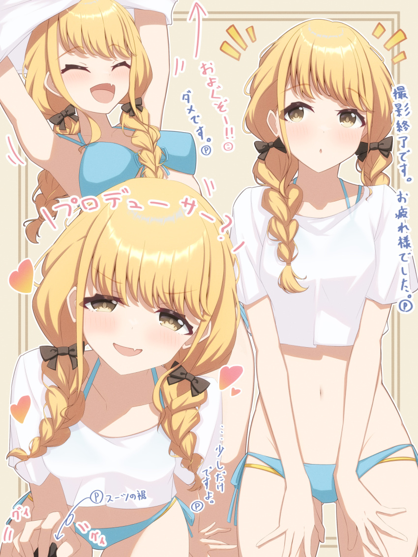 alternate_costume bikini black_bow blonde_hair blue_bikini blush bow braid closed_eyes collarbone female fujita_kotone gakuen_idolmaster groin hairbow hands_on_own_thighs heart highres idolmaster k0me leaning_forward low_twin_braids multiple_views naughty_face navel notice_lines oerba_yun_fang open_mouth outline outside_border simple_background skin_fang smile stomach swimsuit thigh_strap translation_request twin_braids undressing white_outline yellow_background yellow_eyes