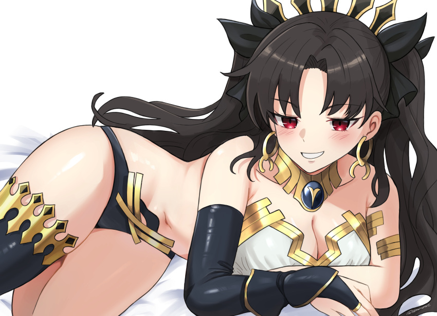 absurdres armlet bare_shoulders bikini black_hair black_thighhighs blush breasts detached_sleeves earrings fate/grand_order fate_(series) female gold_trim grin hair_ribbon highres hoop_earrings ishtar_(fate) jewelry long_hair looking_at_viewer medium_breasts mismatched_bikini navel neck_ring parted_bangs red_eyes ribbon single_detached_sleeve single_thighhigh smile solo swimsuit thighhighs thighlet thighs tiara two_side_up umirunie