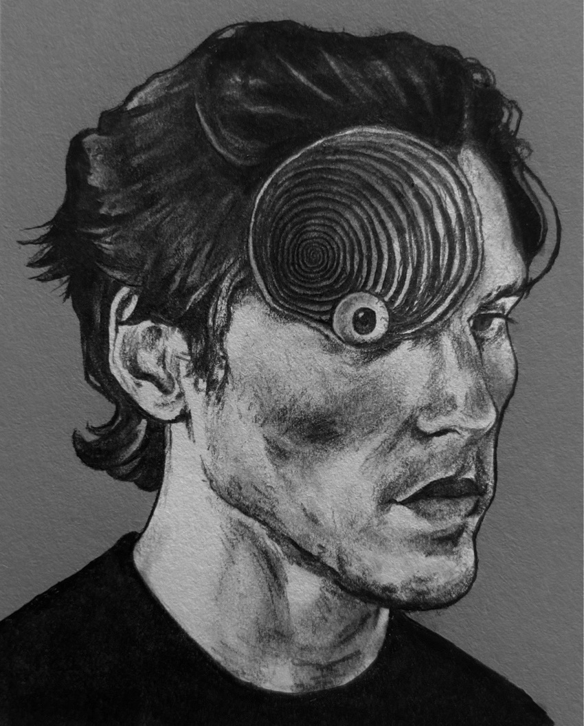 1boy black_shirt greyscale highres hole_in_head horror_(theme) jerma985 jerma985_(person) looking_to_the_side meme monochrome real_life realistic shirt solo uzumaki_spiral_head_girl_(meme) valkyriellis