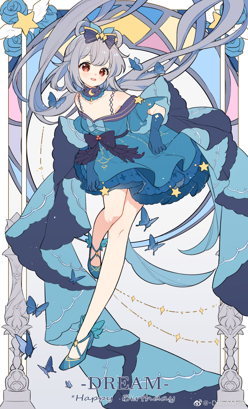 absurdres art_nouveau blue_butterfly blue_dress breasts bug butterfly cleavage dream_han dress english_text feixianji_(hairstyle) female floating_hair frilled_dress frills full_body grey_hair hair_rings happy_birthday highres long_hair looking_at_viewer luo_tianyi petticoat red_eyes smile solo star_(symbol) very_long_hair vocaloid vsinger_(vocaloid)