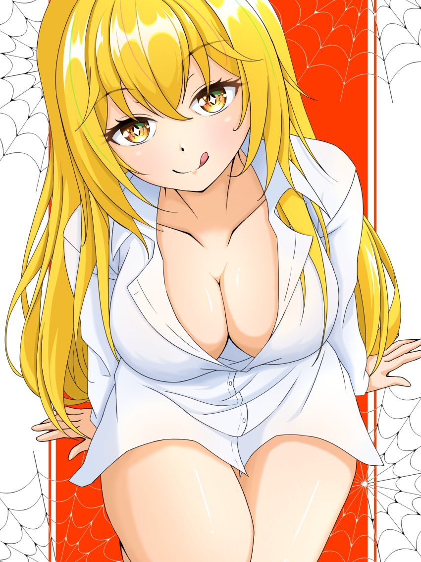 :q blonde_hair breasts cleavage collarbone collared_shirt female hair_between_eyes highres large_breasts long_hair looking_at_viewer naked_shirt orange_background partially_unbuttoned shirt shokuhou_misaki smile so_la_1958 solo sparkling_eyes spider_web_background toaru_kagaku_no_mental_out toaru_kagaku_no_railgun toaru_majutsu_no_index tongue tongue_out two-tone_background white_shirt yellow_eyes