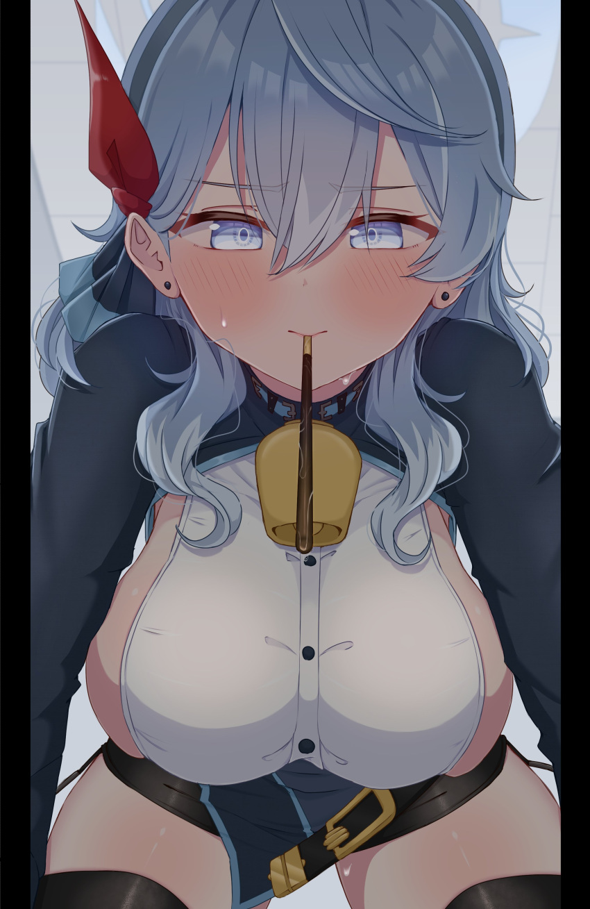 absurdres ako_(blue_archive) annzuwann bell belt black_skirt blue_archive blue_eyes blue_hair blue_halo blue_shirt blush bow breasts cowbell earrings female food hair_between_eyes hairbow halo hanging_breasts highres incoming_pocky_kiss jewelry large_breasts leaning_forward neck_bell nervous nervous_sweating pocky pocky_day shaded_face shirt sideboob skindentation skirt solo sweat thighhighs thighs white_shirt zettai_ryouiki