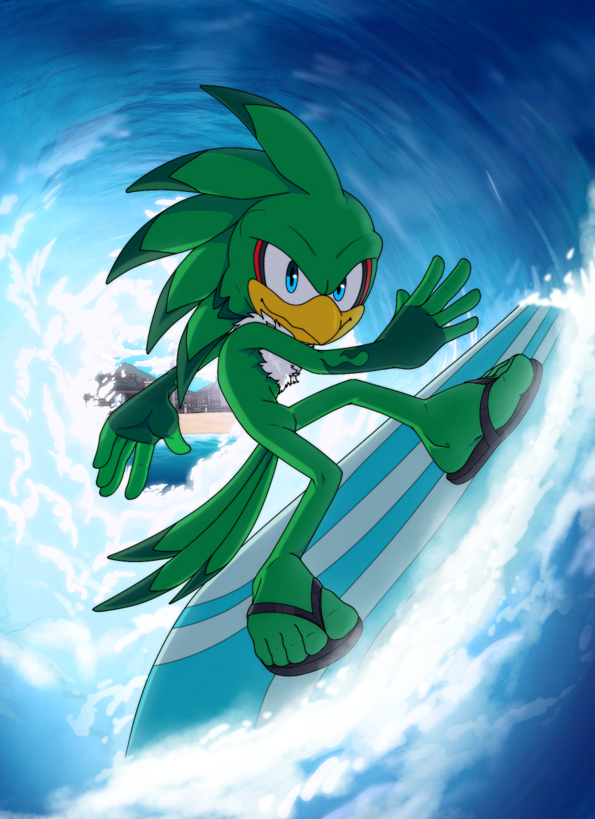 absurd_res accipitrid accipitriform anthro avian beach bird clothing feet flip_flops foot_ninja15 footwear footwear_only hi_res jet_the_hawk male mostly_nude sandals sega shoes solo sonic_riders sonic_the_hedgehog_(series) surfboard surfing wave