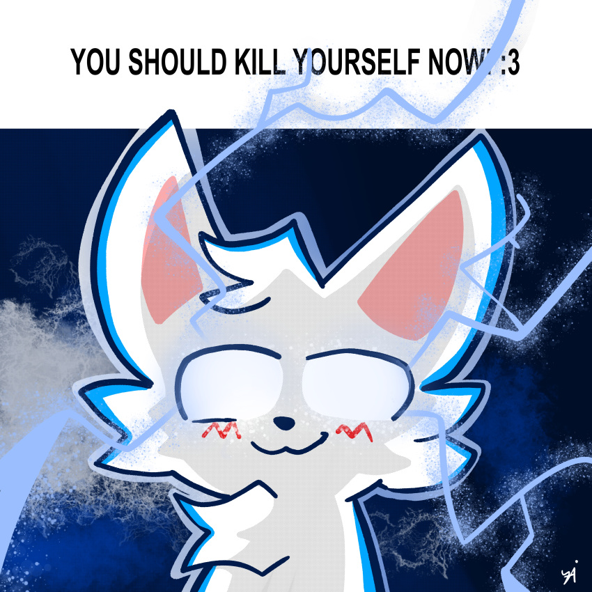 2023 :3 absurd_res ambiguous_gender anthro black_nose blush boy_kisser_(meme) bust_portrait caption cel_shading cheek_tuft chest_tuft closed_smile digital_media_(artwork) domestic_cat electricity emoticon empty_eyes english_text facial_tuft felid feline felis front_view fur hi_res lightning low_tier_god mammal meme mouth_closed nomi-yaki portrait reaction_image shaded signature silly_cat_(mauzymice) smile solo text tuft white_body white_eyes white_fur