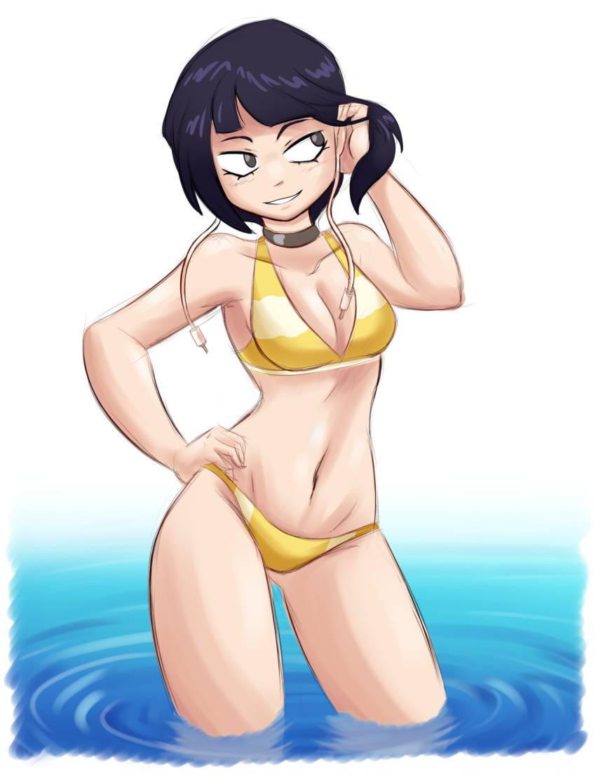 ambris_art audio_jack bikini black_eyes black_hair blush boku_no_hero_academia breasts female hands_on_own_hips highres holding holding_own_hair jirou_kyouka looking_at_viewer navel simple_background small_breasts smirk striped_bikini striped_clothes swimsuit thighs wading water white_background white_bikini yellow_bikini