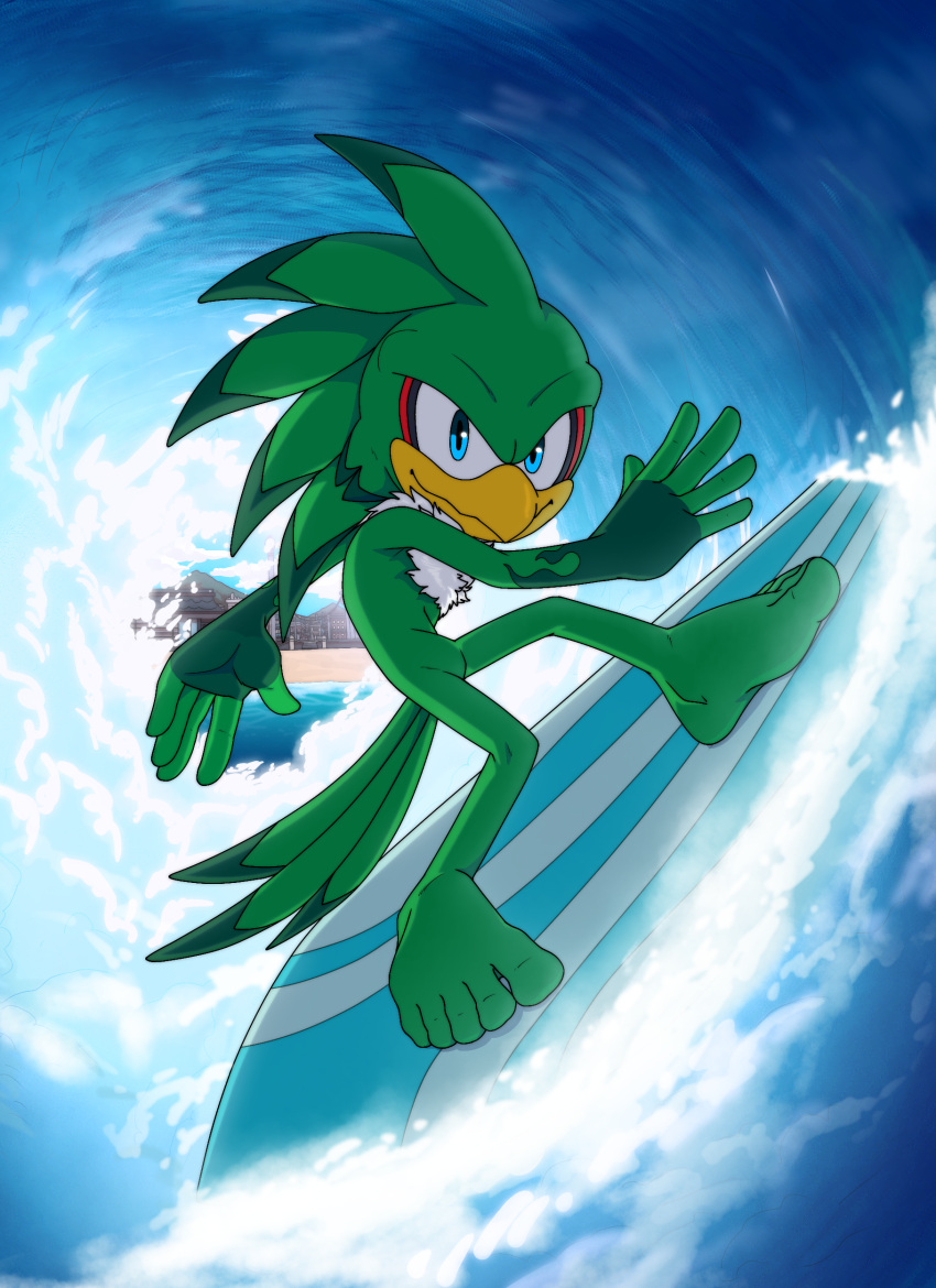 absurd_res accipitrid accipitriform anthro avian barefoot beach bird feet foot_ninja15 hi_res jet_the_hawk male sega solo sonic_riders sonic_the_hedgehog_(series) surfboard surfing wave