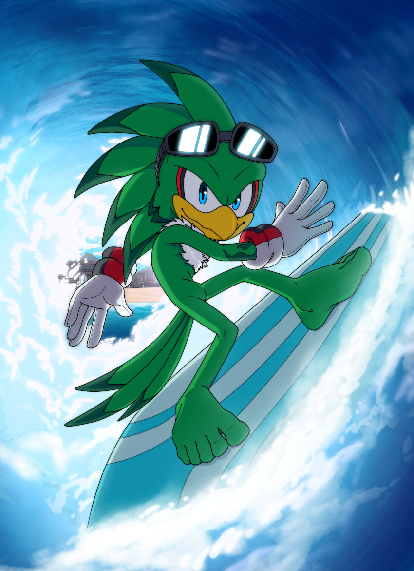 absurd_res accipitrid accipitriform anthro avian barefoot beach bird clothing eyewear feet foot_ninja15 hi_res jet_the_hawk male sega solo sonic_riders sonic_the_hedgehog_(series) sunglasses surfboard surfing wave