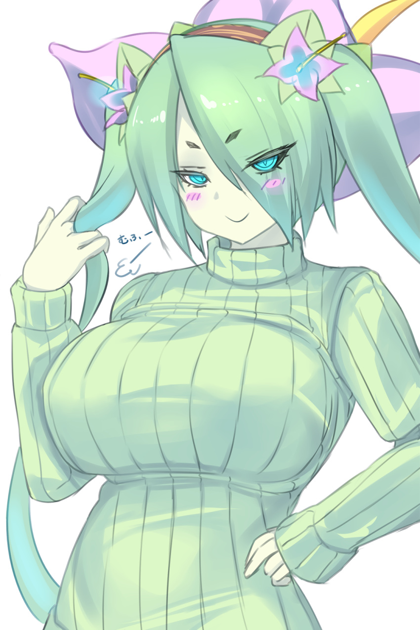 alraune blue_eyes blush blush_stickers breasts closed_mouth colored_skin commentary_request eyes_visible_through_hair female flower green_hair green_skin green_sweater hair_flower hair_ornament half-closed_eyes highres impossible_clothes kanon_(mon-musu_quest!) large_breasts long_hair long_sleeves looking_at_viewer mon-musu_quest! mon-musu_quest:_paradox monster_girl plant_girl playing_with_own_hair puff_of_air ribbed_sweater shiki_(psychedelic_g2) short_eyebrows simple_background smile solo sweater turtleneck turtleneck_sweater twintails upper_body v-shaped_eyebrows variant_set very_long_hair white_background