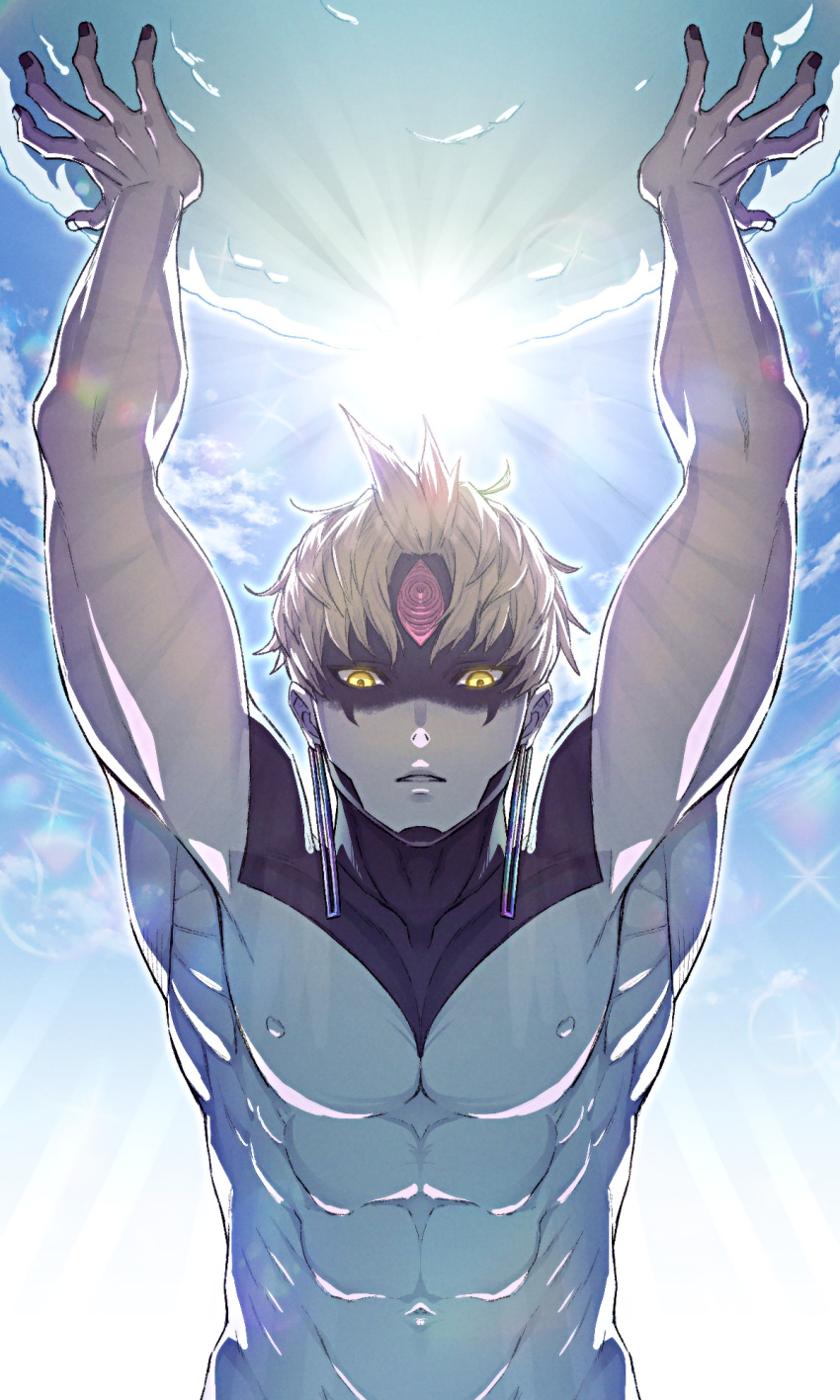 1boy abs alternate_form arms_up black_nails blonde_hair blue_sky cariyacalco cloud cloudy_sky colored_skin commentary_request dandadan earrings evil_eye_(dandadan) grey_skin highres holding holding_snowball jewelry jin_enjoji looking_at_viewer male_focus muscular muscular_male outdoors parted_lips pectorals short_hair sky snowball snowball_fight solo sun sunlight third_eye topless_male transformation upper_body yellow_eyes