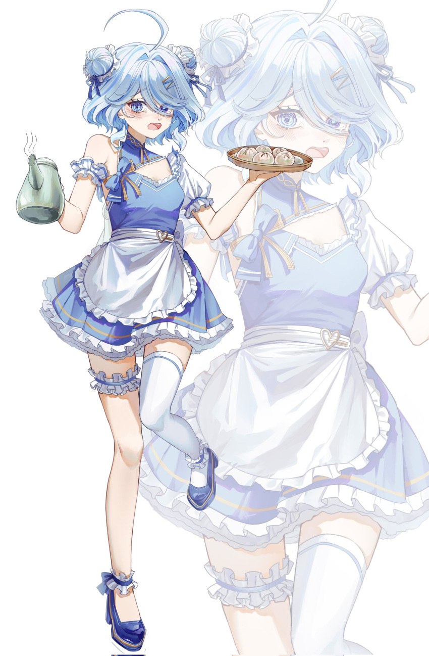 @_@ ahoge alternate_costume alternate_hairstyle apron armband blue_bow blue_dress blue_eyes blue_footwear blue_hair blue_ribbon blver bow breasts cleavage cleavage_cutout clothing_cutout commentary double_bun dress drop-shaped_pupils dumpling english_commentary enmaided eyes_visible_through_hair female food frilled_apron frilled_armband frilled_dress frills furina_(genshin_impact) genshin_impact hair_bun hair_over_one_eye hair_ribbon heterochromia high_heels highres holding holding_teapot holding_tray knees_together_feet_apart leg_up light_blue_hair looking_at_viewer maid mismatched_pupils multicolored_hair open_mouth revision ribbon short_hair_with_long_locks single_bare_shoulder single_sleeve single_thighhigh small_breasts streaked_hair symbol-shaped_pupils teapot thigh_strap thighhighs tray waist_apron white_apron white_armband white_background white_hair white_thighhighs zoom_layer