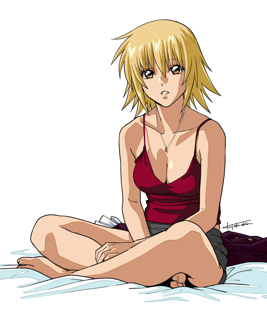 absurdres blonde_hair breasts cagalli_yula_athha cleavage female gundam gundam_seed highres jewelry looking_at_viewer necklace parted_lips red_tank_top short_hair simple_background sitting solo tank_top tokuoka_kouhei