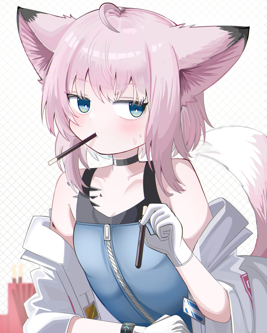 absurdres ahoge animal_ears aqua_eyes arknights bare_shoulders black_choker blue_tank_top blush bright_pupils choker female food food_in_mouth gloves highres holding holding_food infection_monitor_(arknights) jacket material_growth mouth_hold off_shoulder oripathy_lesion_(arknights) pink_hair pocky short_hair sleeveless solo spam_(spamham4506) sussurro_(arknights) sweatdrop tank_top upper_body white_gloves white_jacket white_pupils zipper zipper_pull_tab