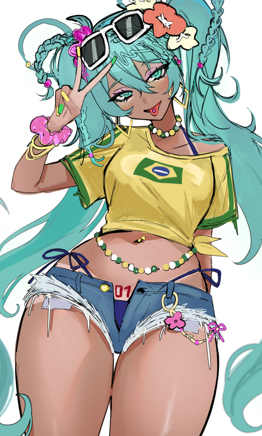 aqua_eyes aqua_hair arm_behind_back bare_legs bikini bikini_under_clothes blue_bikini bracelet braid brazilian_flag brazilian_miku cowboy_shot denim denim_shorts double-parted_bangs earrings eyeshadow eyewear_on_head female flower green_nails gyaru hair_between_eyes hair_flower hair_ornament hair_tie_on_wrist hand_up hatsune_miku highleg highleg_bikini highres jewelry long_hair looking_at_viewer makeup multiple_braids nail_polish navel_piercing number_tattoo ompf open_fly pearl_choker piercing pink_eyeshadow shirt short_shorts short_sleeves shorts side-tie_bikini_bottom simple_background single_off_shoulder solo standing sunglasses swimsuit tan tanlines tattoo thighs tied_shirt tongue tongue_out tongue_piercing twintails unbuttoned v very_long_hair vocaloid white_background yellow_nails yellow_shirt