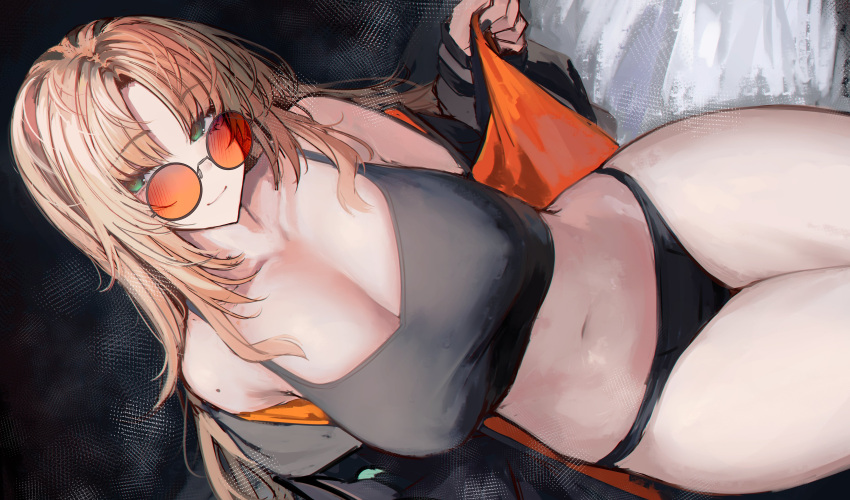 absurdres black_jacket black_panties black_tank_top blonde_hair blush breasts cleavage closed_mouth crop_top female green_eyes highres hololive hololive_dev_is jacket koganei_niko large_breasts legs_together long_hair long_sleeves looking_at_viewer looking_over_eyewear mole mole_on_arm multicolored_clothes multicolored_jacket naokomama navel no_pants off_shoulder open_clothes open_jacket opened_by_self orange-tinted_eyewear orange_jacket panties round_eyewear shirt sitting smile solo sunglasses tank_top tinted_eyewear two-sided_fabric two-sided_jacket two-tone_jacket underwear virtual_youtuber