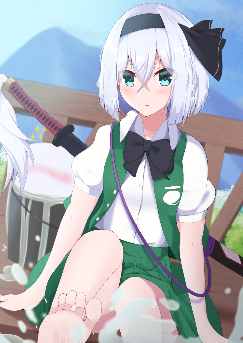 absurdres aqua_eyes barefoot black_hairband blue_sky blurry blurry_background blush breasts buttons collared_shirt depth_of_field female foot_out_of_frame green_skirt green_vest grey_hair hair_between_eyes hairband head_tilt highres hitodama hitodama_print katana kirisame_oreo konpaku_youmu konpaku_youmu_(ghost) looking_at_viewer medium_hair mountainous_horizon open_mouth outdoors pleated_skirt puffy_short_sleeves puffy_sleeves shirt short_sleeves skirt skirt_set sky small_breasts soles sword touhou vest weapon white_shirt