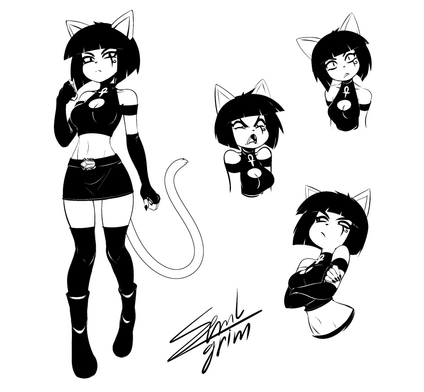 1girls 2018 angry ankh anthro armwear belt black_and_white black_nails boots bottomwear breasts character_sheet cleavage clothed clothing colored_nails crossed_arms domestic_cat elbow_gloves eye_of_horus fangs felid feline felis female female_only fingerless_gloves footwear gloves goth goth_girl goth_slut hair handwear kamra_(sem-l-grim) mammal midriff monochrome nails sem-l-grim short_hair signature simple_background skirt slut slutty slutty_clothing slutty_outfit solo standing teeth very_high_resolution white_background