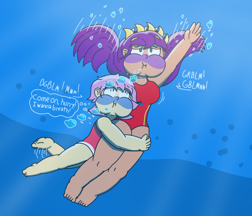 2girls _frankysniper air_bubbles alternative_hair_color alternative_universe dark_skin drowning filia_(skullgirls) holding_breath long_hair one_piece_swimsuit peril pink_hair puffy_cheeks purple_hair samson_(skullgirls) short_hair size_difference skullgirls tagme_(artist) umbrella_(skullgirls) underwater