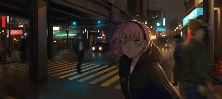 3boys 8c bad_id bad_pixiv_id blush crosswalk female green_eyes hairband looking_away multiple_boys night original parted_lips photoshop_(medium) pink_hair short_hair smile