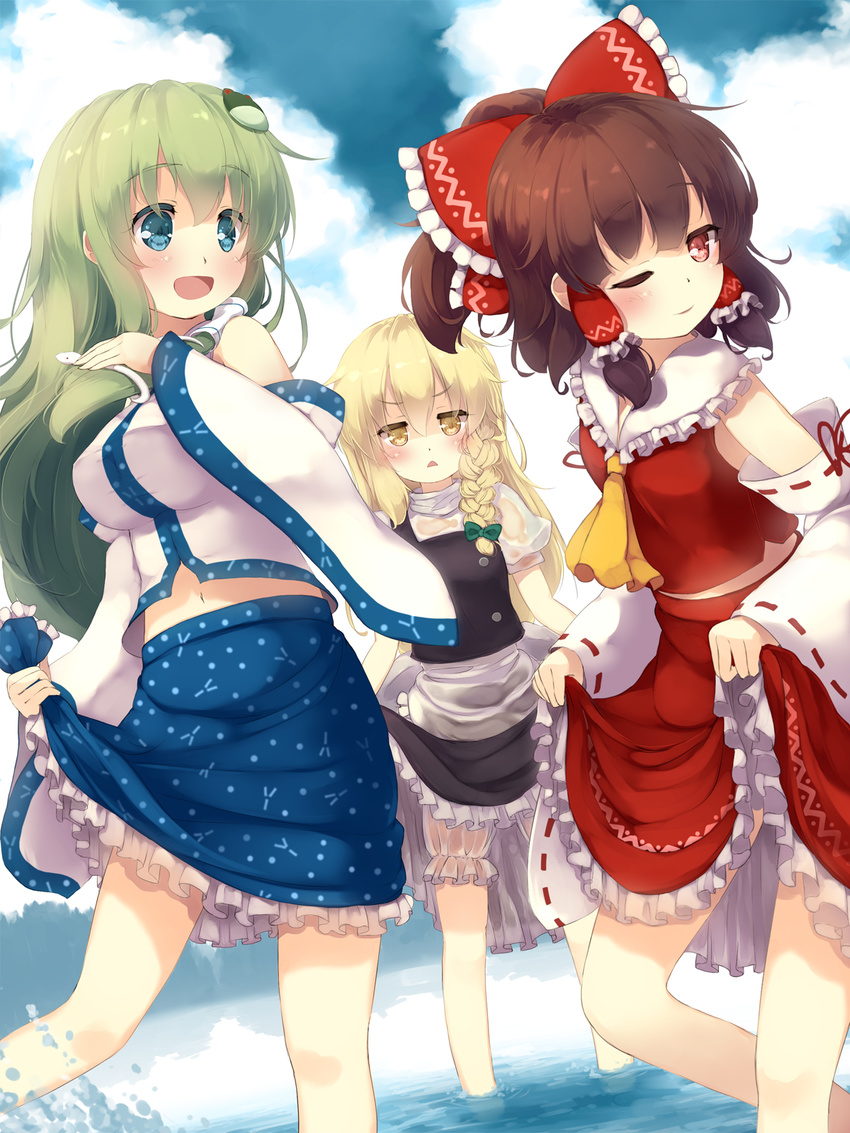 bloomers gengetsu_chihiro hakurei_reimu kirisame_marisa kochiya_sanae see_through skirt_lift touhou wet wet_clothes