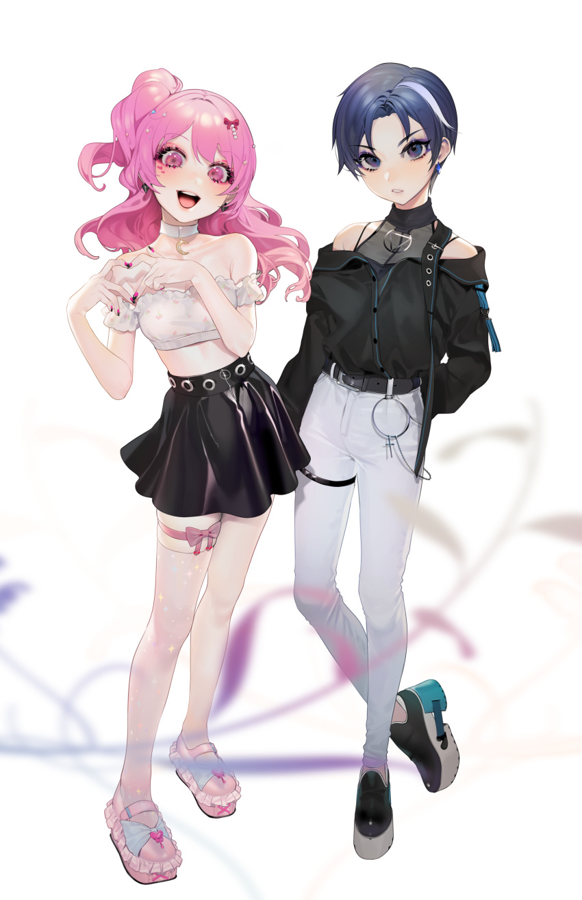 2girls :d absurdres armpit_crease bad_id bad_pixiv_id bare_arms bare_shoulders belt black_footwear black_jacket black_nails black_skirt blue_eyes blue_hair blurry breasts buttons chae_na-ra choker collarbone crescent crop_top cross earrings full_body grey_shirt hair_ornament head_tilt heart heart_hands high-waist_pants high-waist_skirt highres jacket jewelry keishi_(shining_star) long_hair long_sleeves looking_at_viewer mary_janes midriff miniskirt multicolored_hair multicolored_nails multiple_girls nail_polish off-shoulder_shirt off_shoulder ohisashiburi one_side_up open_mouth pants parted_lips pink_eyes pink_footwear pink_hair pink_legwear pink_nails shining_star shirt shirt_tucked_in shoes short_hair sidelocks single_thighhigh skindentation skirt sleeveless small_breasts smile standing standing_on_one_leg strap streaked_hair techwear thigh_strap thighhighs turtleneck v-shaped_eyebrows white_background white_choker white_hair white_pants white_shirt