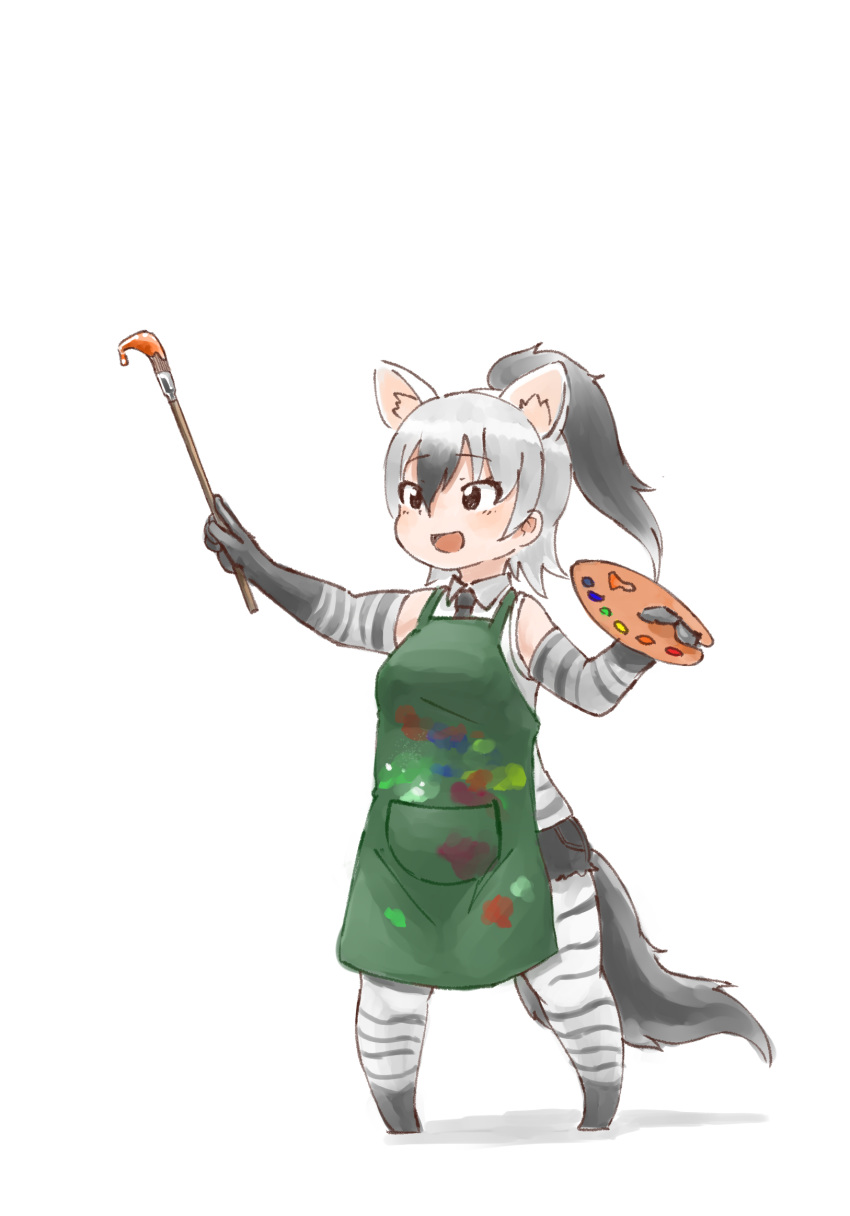 :d aardwolf_(kemono_friends) aardwolf_print animal_ear_fluff animal_ears animal_print apron bad_id bad_pixiv_id black_hair black_necktie chibi commentary_request elbow_gloves female gloves green_apron hair_between_eyes highres kemono_friends long_hair looking_away multicolored_hair necktie okome_kogashi open_mouth outstretched_arm paint_splatter paintbrush palette_(object) ponytail simple_background smile solo tail two-tone_hair white_background white_hair