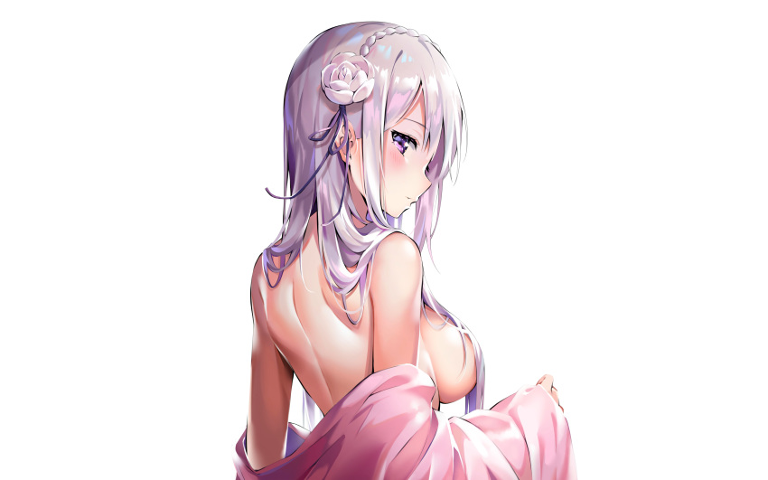 ale_nqki braids emilia photoshop purple_eyes purple_hair re:zero_kara_hajimeru_isekai_seikatsu sideboob white