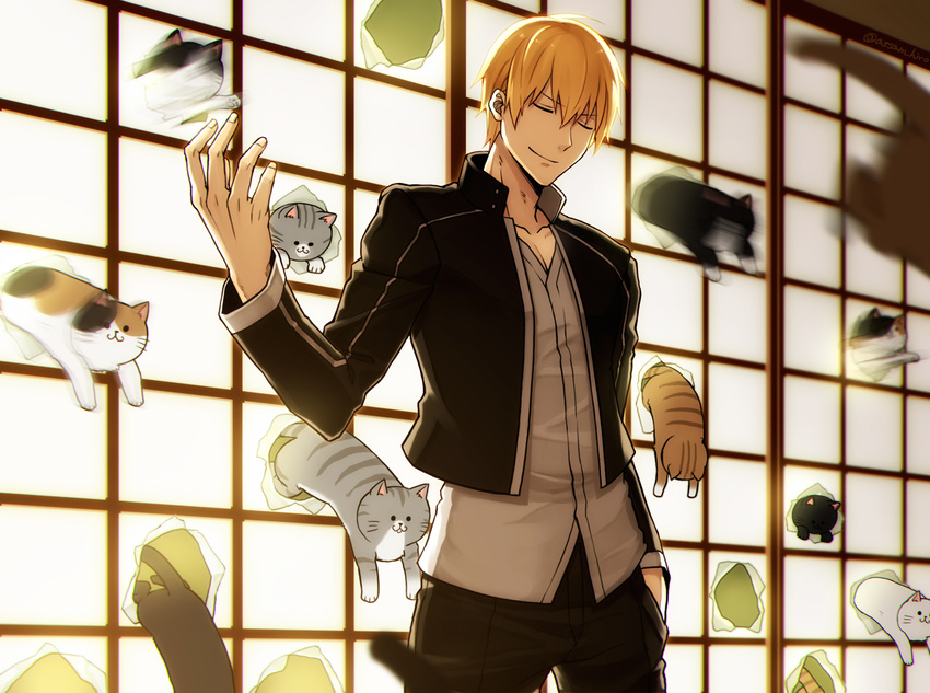 1boy blazer blonde_hair closed_eyes commentary_request cowboy_shot dress_shirt fate/stay_night fate_(series) feline gate_of_babylon_(fate) gilgamesh_(fate) gilgamesh_(immoral_biker_jacket)_(fate) jacket male_focus nakamura_hiro_(nobody10ch) official_alternate_costume parody photoshop_(medium) pun shirt shouji sliding_doors too_many too_many_cats