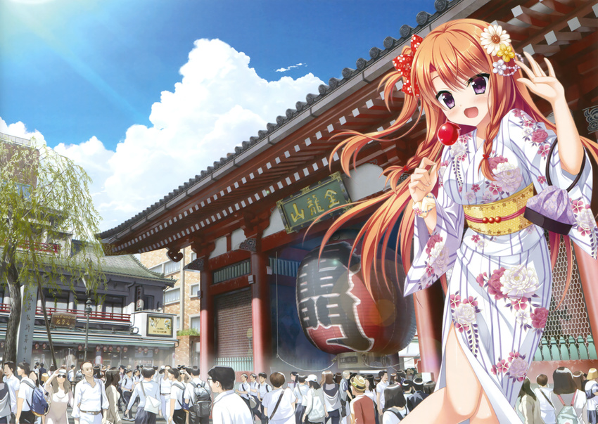 building crowd crown female floral_flowlove hair_ornament highres long_hair mihato_kano moribe_(rabumanyo) orange_hair outdoors purple_eyes solo_focus very_long_hair