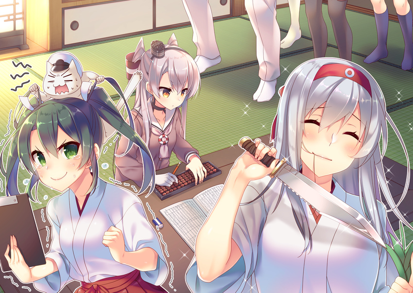 abacus amatsukaze_(kancolle) black_thighhighs blue_legwear breasts cleavage clipboard closed_eyes commentary_request eraser gloves green_eyes green_hair grey_hair hairband hat headband highres holding holding_knife japanese_clothes kantai_collection knife long_hair medium_breasts mini_hat multiple_girls no_shoes out_of_frame pencil school_uniform serafuku shoukaku_(kancolle) single_glove tahya tatami tearing_up tears thighhighs trembling twintails white_legwear yellow_eyes zuikaku_(kancolle)