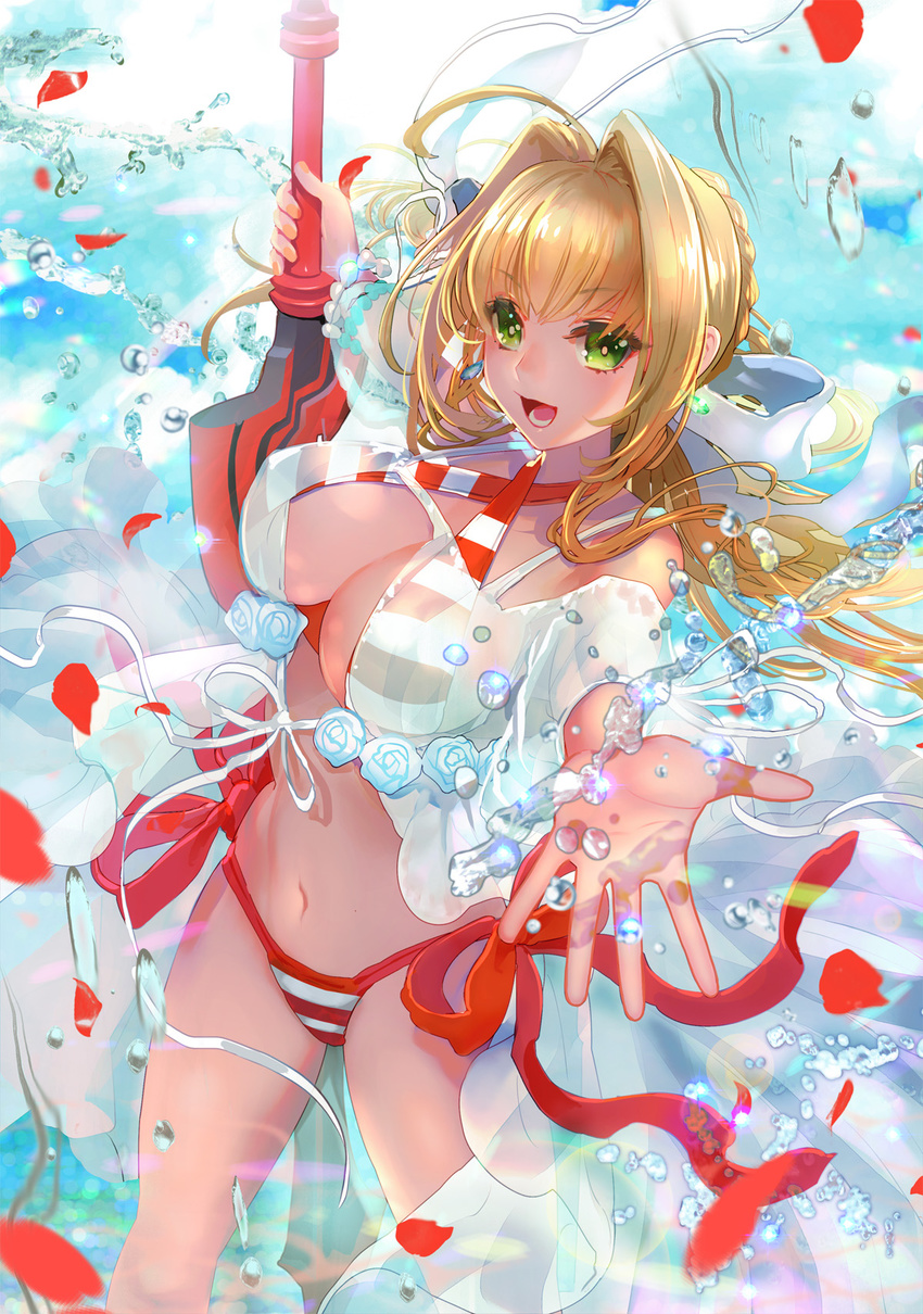 :d aestus_estus ahoge babydoll bad_id bad_pixiv_id bikini blonde_hair bracelet breasts commentary earrings fate/grand_order fate_(series) female green_eyes hair_intakes halterneck highres jewelry large_breasts long_hair looking_at_viewer md5_mismatch navel nero_claudius_(fate) nero_claudius_(swimsuit_caster)_(fate) nero_claudius_(swimsuit_caster)_(third_ascension)_(fate) open_mouth outstretched_arms photoshop_(medium) resolution_mismatch shutsuri side-tie_bikini_bottom smile solo source_smaller striped_bikini striped_clothes swimsuit sword twintails water water_drop weapon