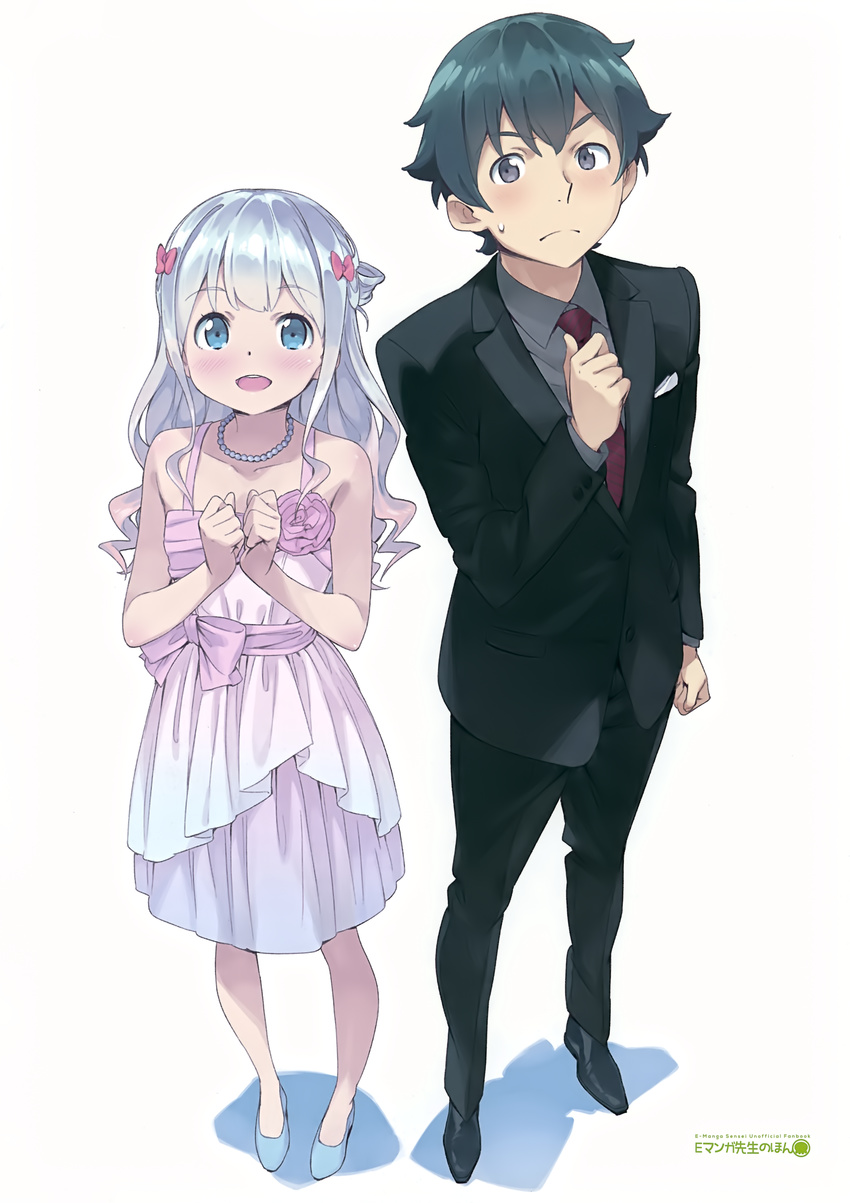 1boy absurdres bead_necklace beads blue_eyes blue_hair bow brother_and_sister business_suit dress eromanga_sensei female formal full_body gradient_dress grey_eyes grey_hair hairbow hands_up highres izumi_masamune izumi_sagiri jewelry kanzaki_hiro long_hair looking_at_viewer necklace open_mouth purple_dress scan siblings simple_background smile standing suit white_background