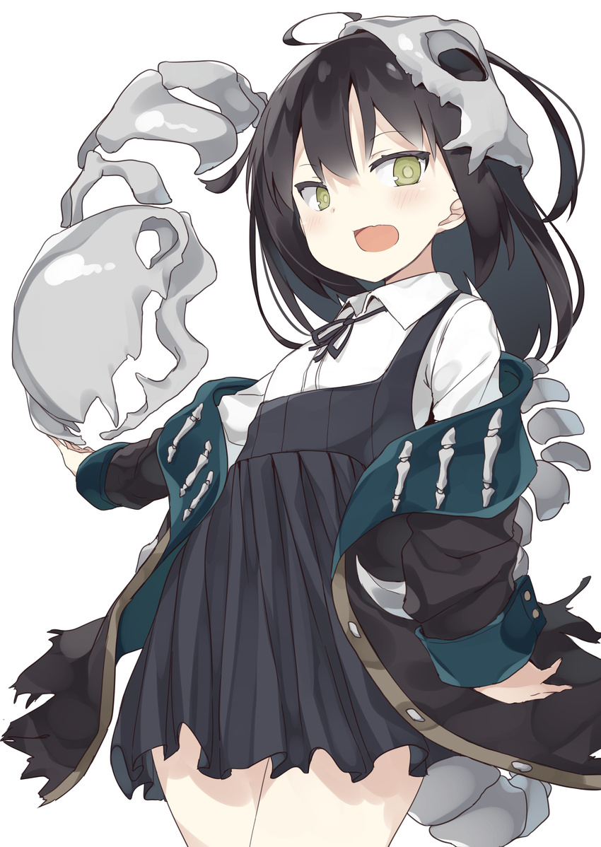 :d abarabone absurdres ahoge bad_id bad_twitter_id black_dress black_hair black_ribbon blush brave_sword_x_blaze_soul collared_shirt cowboy_shot dress female green_eyes highres juggernaut_(brave_sword_x_blaze_soul) long_sleeves looking_at_viewer neck_ribbon open_mouth ribbon shirt simple_background skeletal_tail smile solo torn_clothes white_background white_shirt