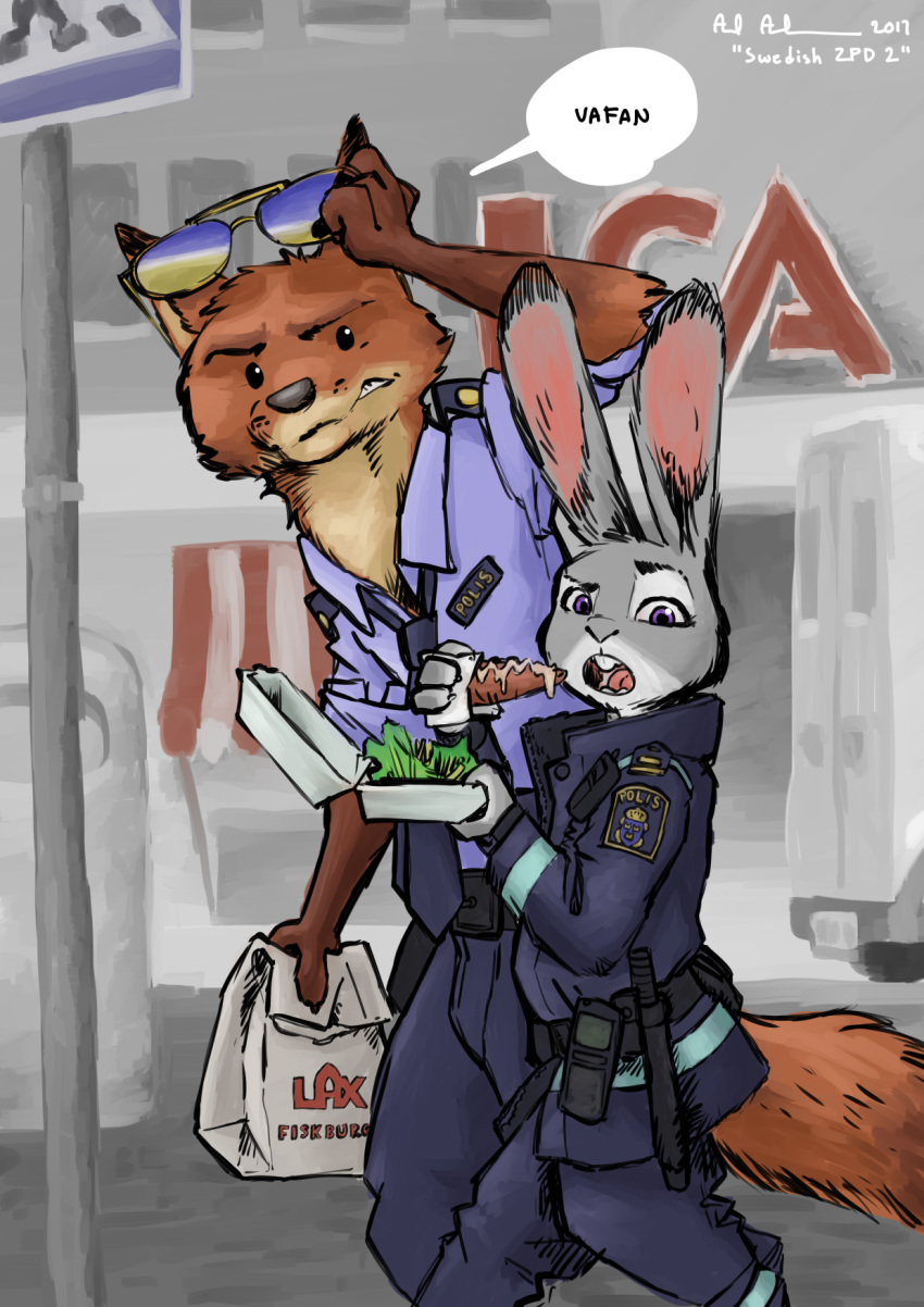 anthro axelegandersson canid canine carrot clothed clothing disney eyewear female food fox fully_clothed fur grey_body grey_fur hi_res judy_hopps lagomorph leporid male mammal nick_wilde orange_body orange_fur outside plant police police_uniform rabbit red_fox sunglasses true_fox uniform vegetable zootopia