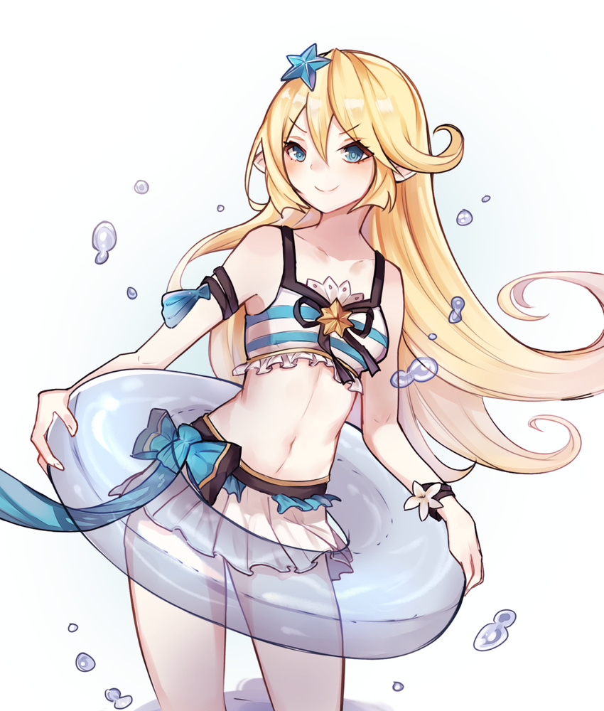 >:) bad_id bad_pixiv_id bikini blonde_hair blue_eyes blue_innertube blush charlotta_(granblue_fantasy) charlotta_(summer)_(granblue_fantasy) closed_mouth collarbone commentary cowboy_shot female flower frilled_bikini frills granblue_fantasy hair_between_eyes hair_ornament highres humanization innertube leaning_to_the_side long_hair looking_to_the_side navel official_alternate_costume pointy_ears smile solo standing star_(symbol) star_hair_ornament swim_ring swimsuit tankini v-shaped_eyebrows water_drop white_background xoaiu