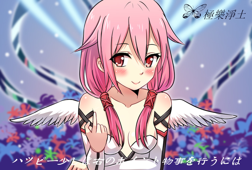 angel_wings bare_shoulders blush breasts cleavage commentary_request detached_sleeves female gloves guilty_crown hair_ornament hairclip highres long_hair looking_at_viewer medium_breasts pink_hair red_eyes smile solo twintails w-verne wings yuzuriha_inori