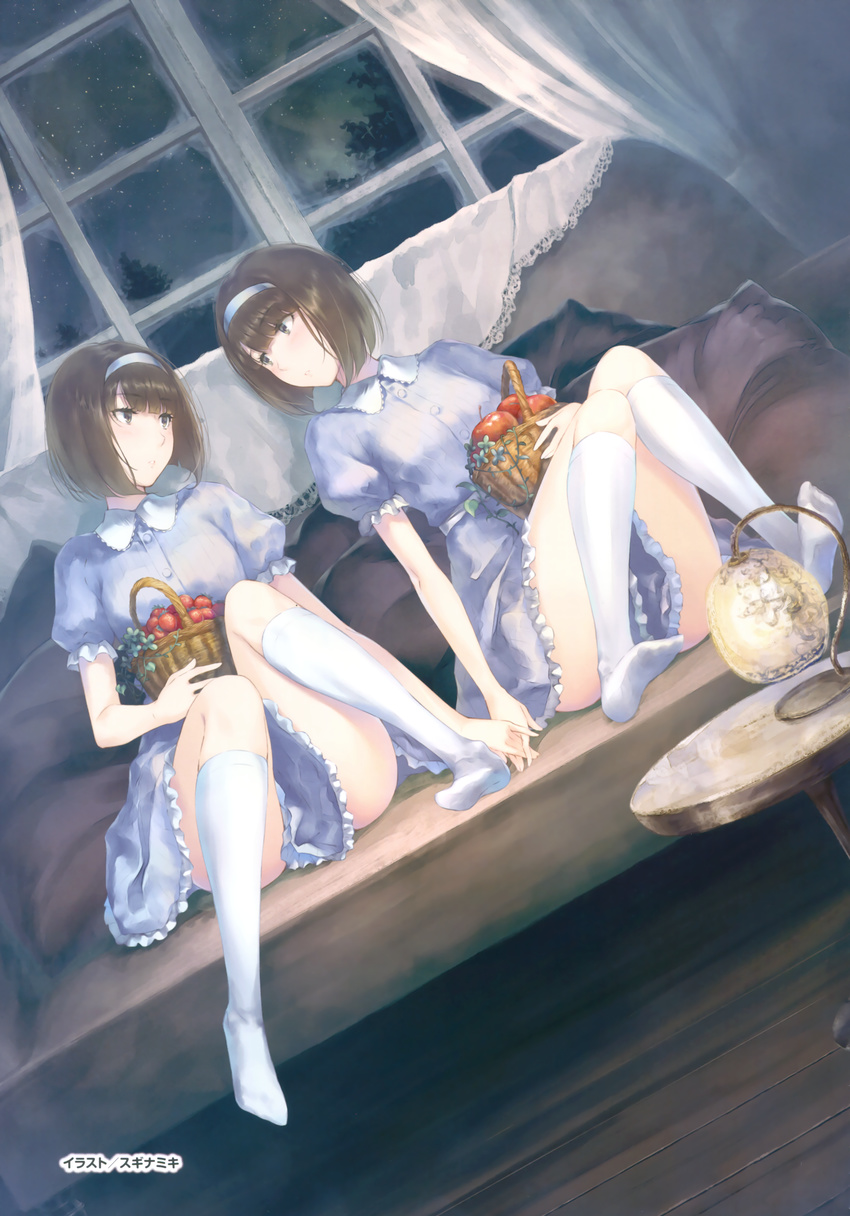 2girls absurdres apple artist_name basket brown_hair couch curtains dress feet flowers_(innocent_grey) food frilled_dress frills fruit hairband highres holding_hands indoors kneehighs lamp long_legs matching_outfits multiple_girls night night_sky no_shoes parted_lips pillow plant puffy_short_sleeves puffy_sleeves sasaki_ichigo sasaki_ringo scan short_hair short_sleeves siblings sisters sitting sky socks star_(sky) starry_sky strawberry sugina_miki vines white_socks window yuri