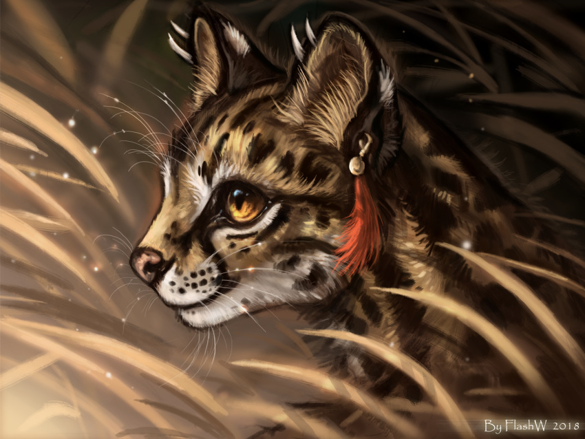 2018 amber_eyes anthro digital_media_(artwork) ear_piercing facial_markings felid feline flashw fur head_markings headshot_portrait kalysta_(sibeorhusky) leopardus mammal margay markings piercing portrait smile solo tan_body tan_fur tear_(marking) whiskers