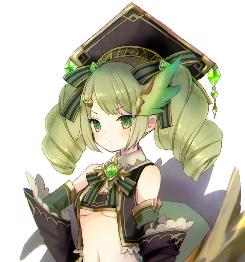 bangs bare_shoulders black_hat blush bow breasts character_request closed_mouth commentary_request cryptract detached_sleeves eyebrows_visible_through_hair female green_bow green_eyes green_hair green_sleeves hair_ornament hairbow hairclip hat kikka_(kicca_choco) long_hair long_sleeves looking_at_viewer navel sidelocks simple_background small_breasts solo striped striped_bow twintails upper_body v-shaped_eyebrows white_background