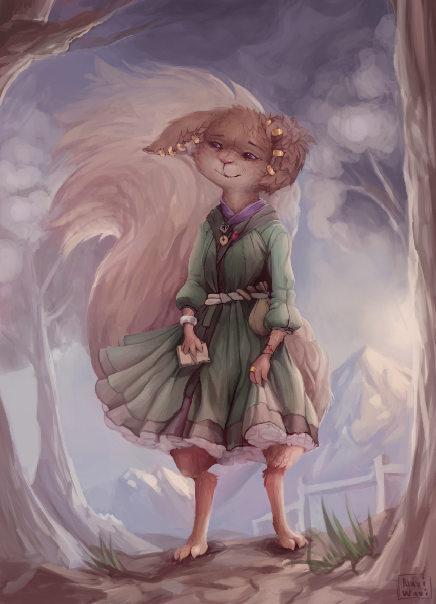 anthro book clothed clothing digitigrade drawing dress ear_piercing ear_ring female hi_res mammal naviwavi outside piercing pink_nose plant ring ring_piercing rodent sciurid solo tree tree_squirrel wind