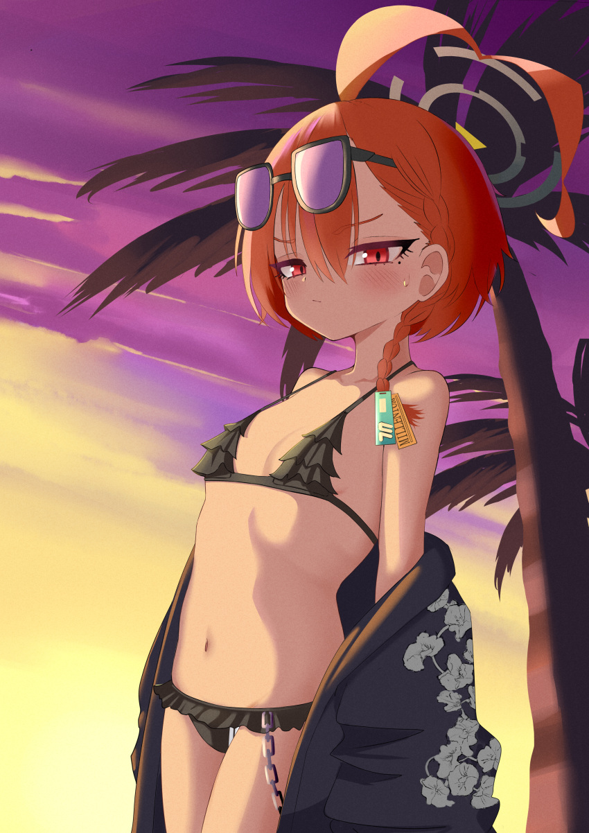 absurdres ahoge bikini black_bikini black_halo blue_archive braid eyewear_on_head female flat_chest frilled_bikini frills halo highres huge_ahoge jacket jacket_over_swimsuit ler230 mole mole_under_each_eye mole_under_eye multiple_moles neru_(blue_archive) neru_(swimsuit)_(blue_archive) orange_hair palm_tree purple_sky red_eyes side_braid single_braid sky solo sukajan sunglasses swimsuit tag tree