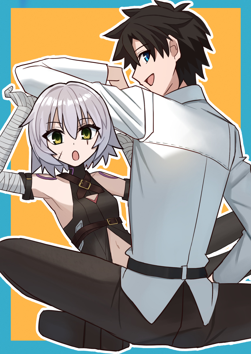 1boy absurdres bandages belt black_footwear black_hair black_pants black_shirt blue_eyes chaldea_uniform detached_sleeves fate/apocrypha fate/grand_order fate_(series) female fujimaru_ritsuka_(male) green_eyes highres jack_the_ripper_(fate/apocrypha) navel open_mouth pants scar shintyoi2 shirt simple_background white_hair white_shirt