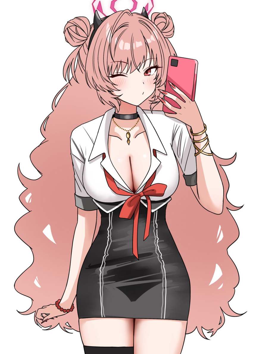 ;o black_choker black_skirt blue_archive blush bow bowtie bracelet breasts choker cleavage commentary double_bun fake_horns female hair_bun halo highres holding holding_phone horn_hairband horns jewelry kirara_(blue_archive) large_breasts long_hair looking_at_viewer loose_bowtie necklace niban_(puka_0507) one_eye_closed open_mouth phone pink_eyes pink_hair red_bow red_bowtie red_nails selfie shirt skirt solo symbol-only_commentary thigh_strap white_shirt wrist_bobbles