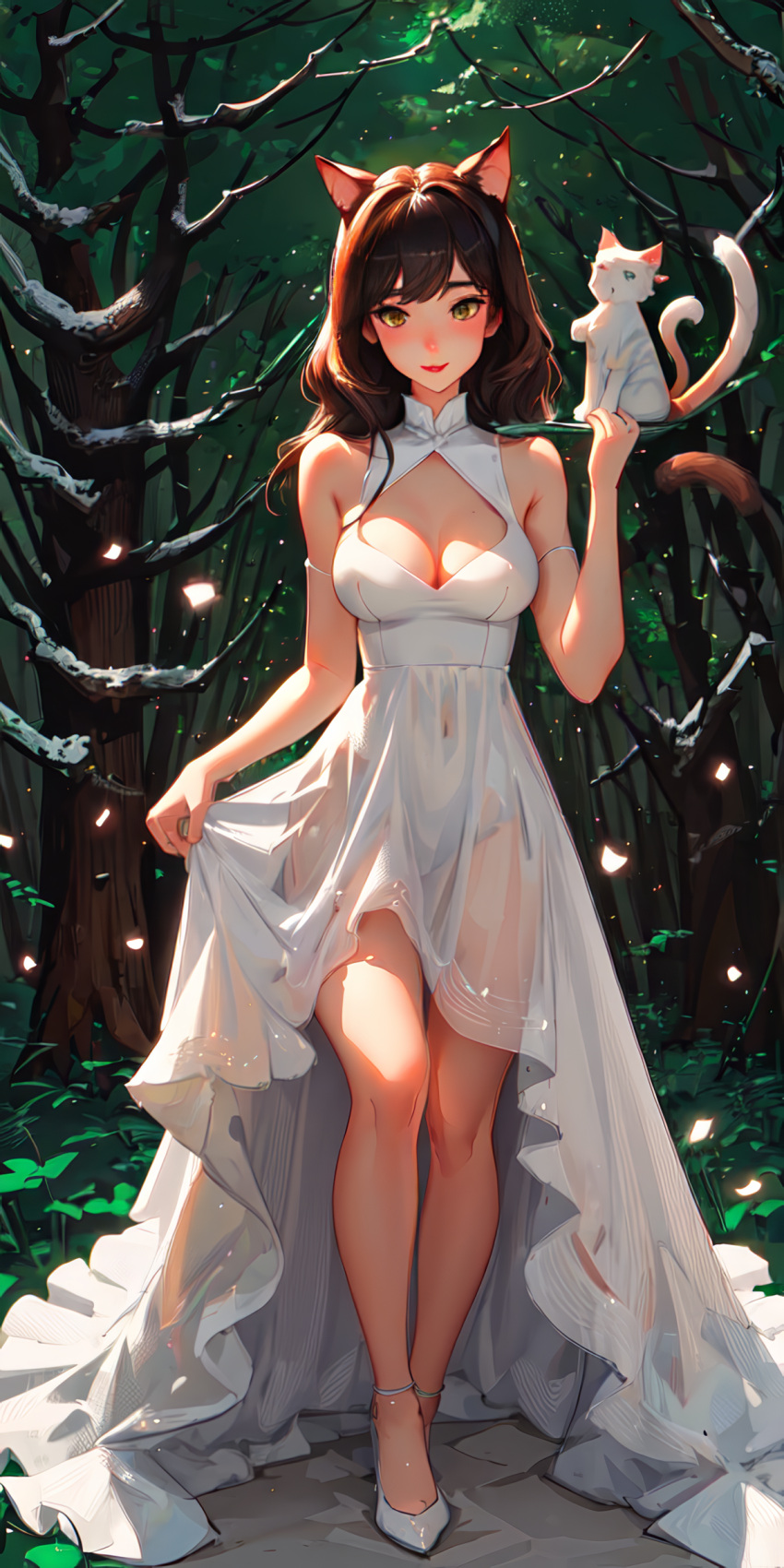 1girls ai_generated animal animal_ears arm_strap armlet bangs bare_arms bare_legs bare_shoulders bare_tree black_hair blush breasts brown_hair cat_ears cat_girl cat_tail cleavage cleavage_cutout closed_mouth clothing_cutout covered_navel dress feline forest full_body green_eyes hand_up high_heels holding holding_animal legs long_hair looking_at_viewer medium_breasts mole_under_eye natsuyoru nature navel outdoors panties pumps see-through see-through_dress skirt_hold sleeveless sleeveless_dress smile solo standing strappy_heels swept_bangs tail thighs tree underwear unnamed_character white_cat white_dress white_footwear white_panties yellow_eyes