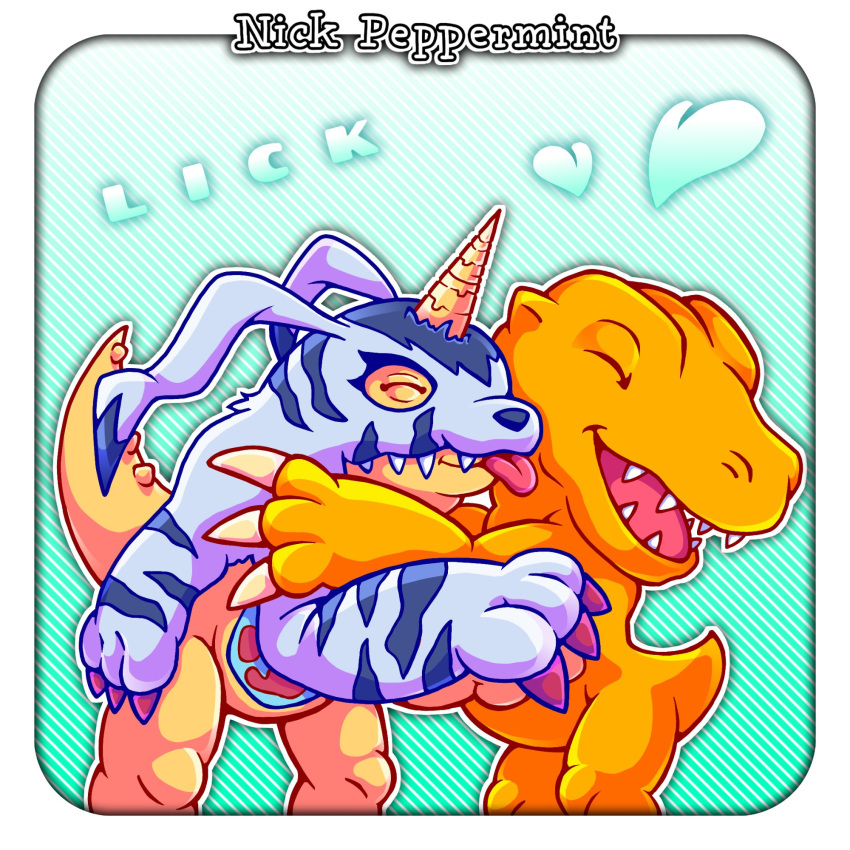 agumon animal_skin anthro bandai_namco claws digimon digimon_(species) duo fur gabumon green_eyes hi_res horn licking male male/male nickpeppermint red_eyes scalie smile striped_body striped_fur stripes tongue yellow_body