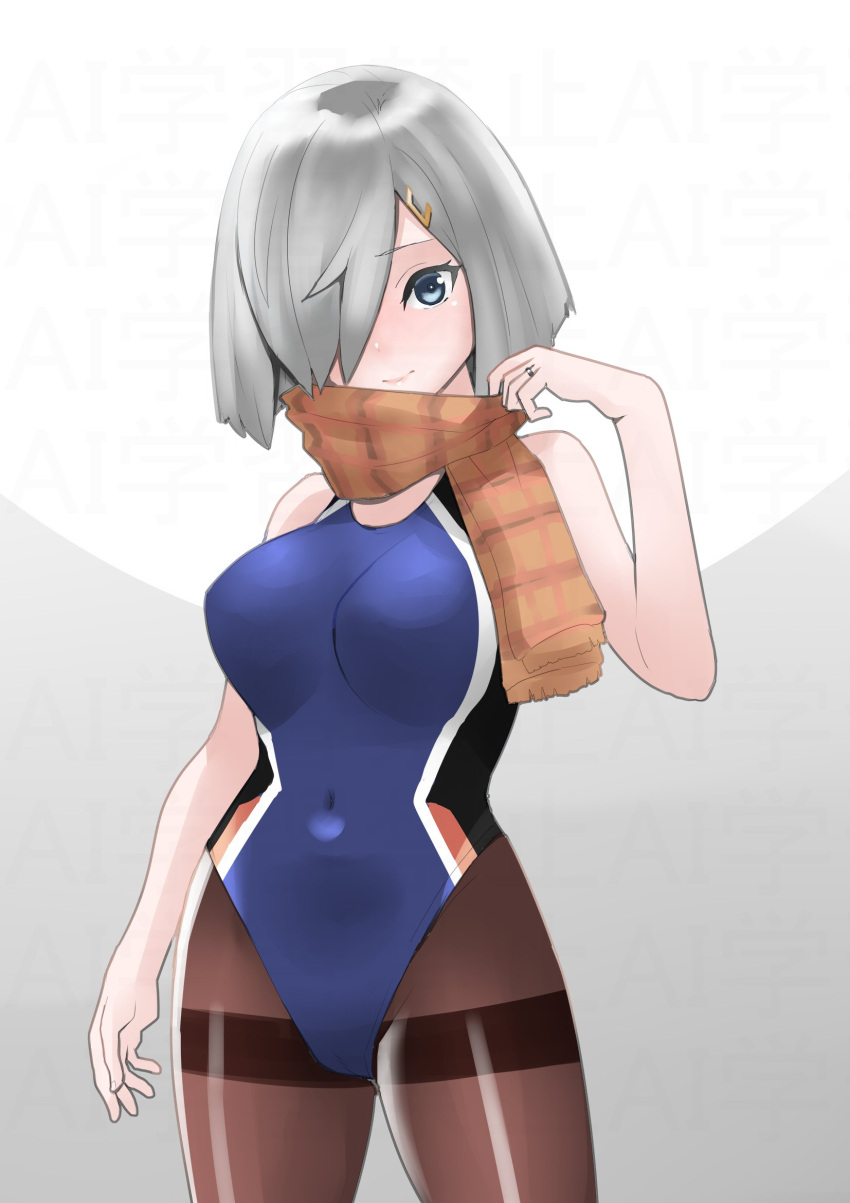 30-06 black_pantyhose blue_eyes blue_one-piece_swimsuit breasts brown_scarf competition_swimsuit covered_navel female grey_background grey_hair hair_ornament hair_over_one_eye hairclip hamakaze_(kancolle) highleg highleg_one-piece_swimsuit highres kantai_collection large_breasts multicolored_clothes multicolored_swimsuit one-piece_swimsuit pantyhose pantyhose_under_swimsuit plaid_clothes plaid_scarf scarf short_hair solo swimsuit thighband_pantyhose two-tone_background